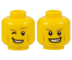Minifigure, Head Dual Sided Dark Tan Eyebrows, Medium Nougat Cheek Lines and Chin Dimple, Lopsided Open Mouth Smile with Teeth, Right Eye Winking / Both Eyes Open Pattern