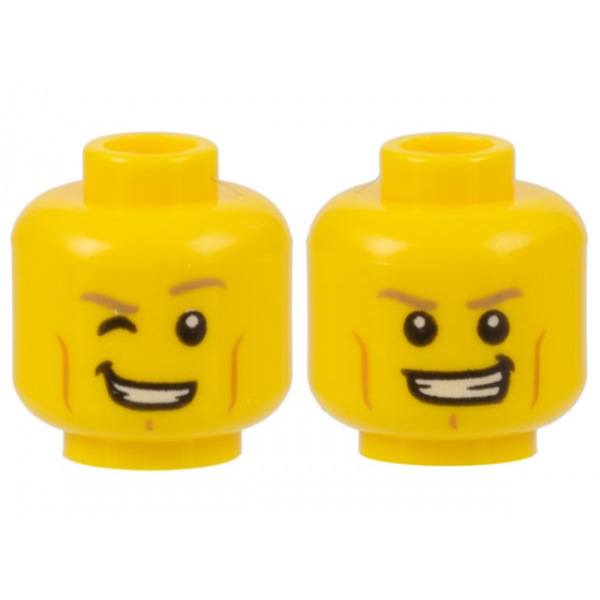 Minifigure, Head Dual Sided Dark Tan Eyebrows, Medium Nougat Cheek Lines and Chin Dimple, Lopsided Open Mouth Smile with Teeth, Right Eye Winking / Both Eyes Open Pattern