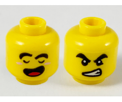 Minifigure, Head Dual Sided Black Thick Eyebrows, Closed Eyes and Open Mouth with Red Tongue / Angry with Bared Teeth Pattern