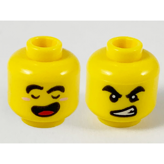Minifigure, Head Dual Sided Black Thick Eyebrows, Closed Eyes and Open Mouth with Red Tongue / Angry with Bared Teeth Pattern