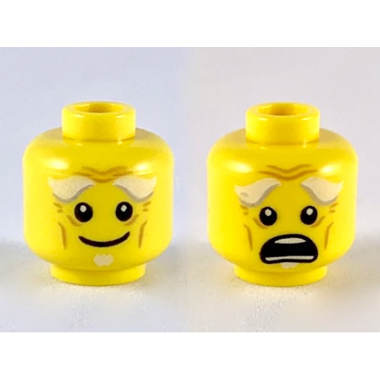 Minifigure, Head Dual Sided White Bushy Eyebrows, Goatee, Wrinkles, Smile / Open Mouth Scared Pattern