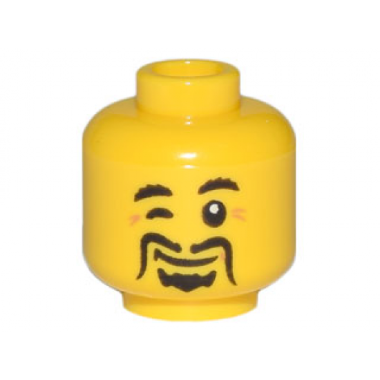 Minifigure, Head Black Moustache Fu Manchu, Winking Eye, Laugh Lines Pattern