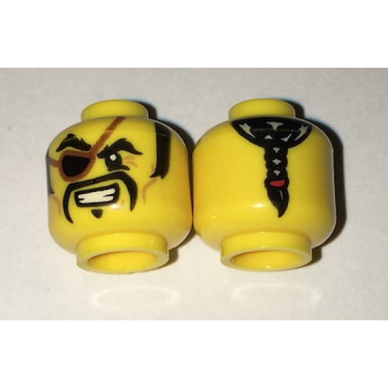 Minifigure, Head Pirate, Black Sideburns, Eyebrows and Fu Manchu Moustache, Eye Patch, Ponytail in Back Pattern