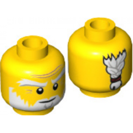 Minifigure, Head White and Gray Eyebrows, Beard and Braided Ponytail on Back, Medium Nougat Wrinkles, Smile Pattern (Sensei Wu)