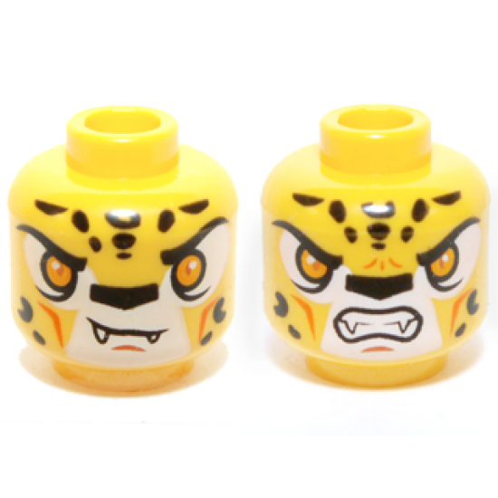 Minifigure, Head Dual Sided Alien Chima Leopard with Bright Light Orange Eyes, Fangs and Black Spots, Neutral / Angry Pattern (Lundor)