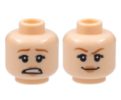 Minifigure, Head Dual Sided Female Dark Orange Eyebrows, Black Eyelashes, Nougat Lips, Scared Open Mouth with Teeth / Smirk Pattern