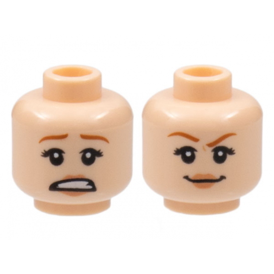 Minifigure, Head Dual Sided Female Dark Orange Eyebrows, Black Eyelashes, Nougat Lips, Scared Open Mouth with Teeth / Smirk Pattern