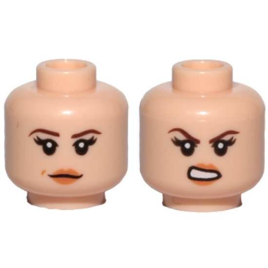 Minifigure, Head Dual Sided Female Dark Brown Eyebrows, Black Eyelashes, Nougat Lips, Neutral with Dimple / Open Mouth Scowl with Teeth Pattern