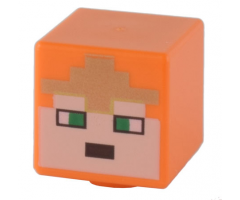 Minifigure, Head, Modified Cube with Pixelated Light Nougat Face, Green Eyes, and Gold Crown Pattern (Minecraft Royal Warrior)