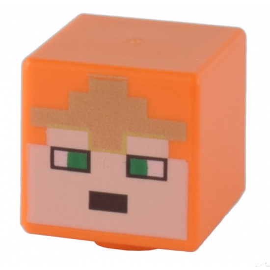 Minifigure, Head, Modified Cube with Pixelated Light Nougat Face, Green Eyes, and Gold Crown Pattern (Minecraft Royal Warrior)