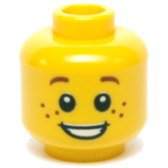 Minifigure, Head Child Small Reddish Brown Eyebrows Far Apart, Freckles, Open Mouth Smile with Teeth Pattern