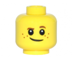 Minifigure, Head Child Brown Eyebrows, Raised Left Eyebrow, Freckles, White Pupils, Crooked Smile Pattern