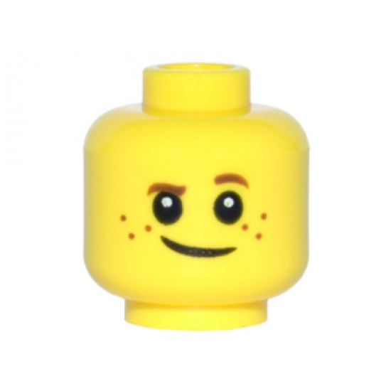Minifigure, Head Child Brown Eyebrows, Raised Left Eyebrow, Freckles, White Pupils, Crooked Smile Pattern