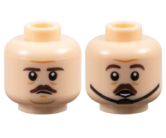 Minifigure, Head Dual Sided Dark Brown Eyebrows and Small Moustache, Medium Nougat Wrinkles, Small Frown / Chin Strap and Surprised Open Mouth with Bottom Teeth Pattern