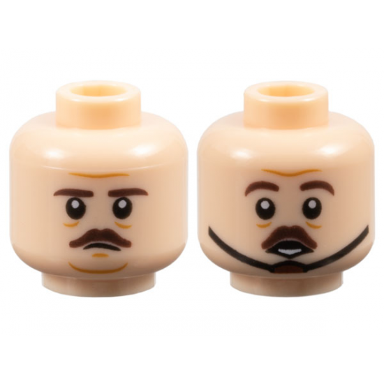 Minifigure, Head Dual Sided Dark Brown Eyebrows and Small Moustache, Medium Nougat Wrinkles, Small Frown / Chin Strap and Surprised Open Mouth with Bottom Teeth Pattern