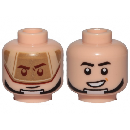 Minifigure, Head Dual Sided Dark Tan Visor, Stern Black Eyebrows, Chin Strap / Open Mouth Grin Pattern (SW T-16 Skyhopper Pilot)