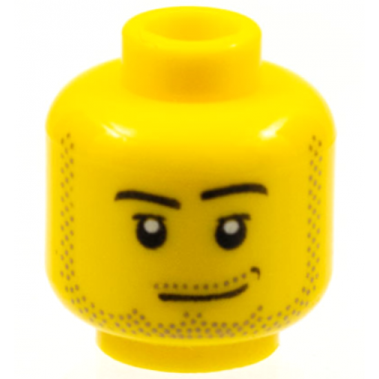 Minifigure, Head Male Smirk, Black Dimple, Pupils, Stubble Beard, Moustache, and Sideburns Pattern
