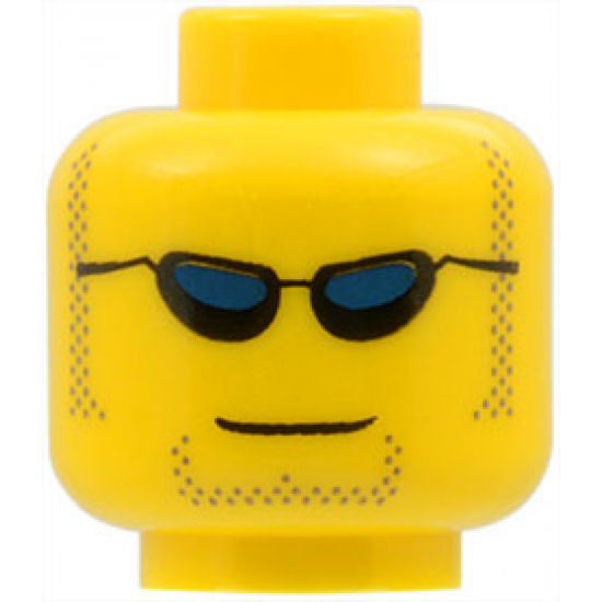 Minifigure, Head Black Sunglasses with Dark Blue Lenses, Dark Tan Sideburns and Goatee Stubble, Grin Pattern
