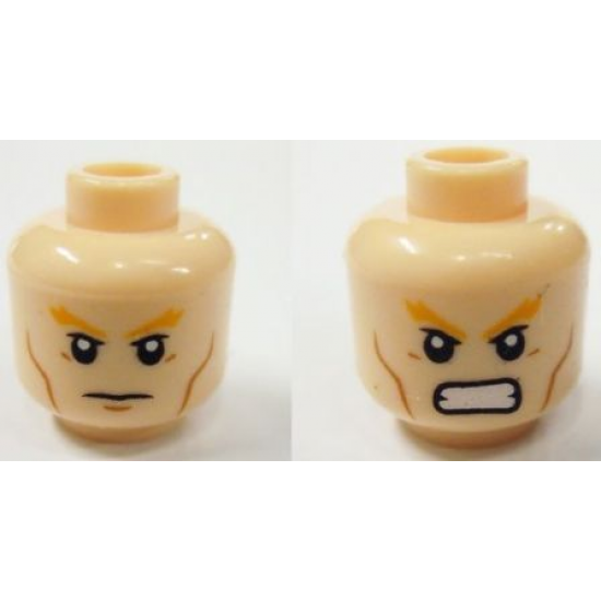 Minifigure, Head Dual Sided Bright Light Orange Bushy Eyebrows, Upper Eyelids, Medium Nougat Cheek Lines, Stern with Chin Dimple / Angry Bared Teeth Pattern