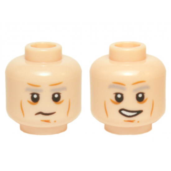 Minifigure, Head Dual Sided Gray Eyebrows, Lines, White Pupils, Neutral / Open Mouth Lopsided Grin Pattern (Han Solo)