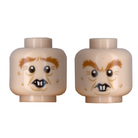 Minifigure, Head Dual Sided Crow's Feet, Bushy Eyebrows and Rodent Teeth Pattern (Peter Pettigrew)