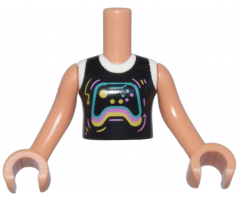 Torso Mini Doll Girl Black and White Shirt with Dark Turquoise, Bright Pink, and Yellow Video Game Controller Pattern, Nougat Arms with Hands