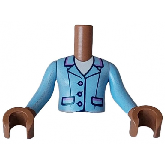 Torso Mini Doll Girl Bright Light Blue Jacket with Medium Lavender Buttons, Pockets and Collar Edges over White Shirt Pattern, Medium Brown Arms with Hands with Bright Light Blue Long Sleeves