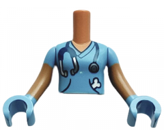 Torso Mini Doll Girl Medium Blue Shirt with Stethoscope and Bone in Pocket Pattern, Medium Nougat Arms with Hands with Medium Blue Short Sleeves and Gloves
