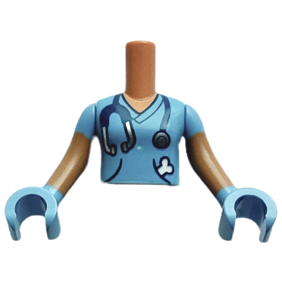 Torso Mini Doll Girl Medium Blue Shirt with Stethoscope and Bone in Pocket Pattern, Medium Nougat Arms with Hands with Medium Blue Short Sleeves and Gloves