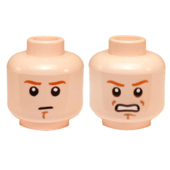 Minifigure, Head Dual Sided Dark Orange Eyebrows and Chin Dimple, Neutral / Angry, Bared Teeth Pattern