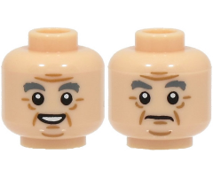Minifigure, Head Dual Sided Dark Bluish Gray Bushy Eyebrows, Medium Nougat Jowl Lines, Chin Dimple, Forehead Creases and Wrinkles, Open Mouth Smile with Teeth / Frown Pattern
