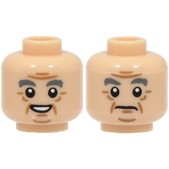 Minifigure, Head Dual Sided Dark Bluish Gray Bushy Eyebrows, Medium Nougat Jowl Lines, Chin Dimple, Forehead Creases and Wrinkles, Open Mouth Smile with Teeth / Frown Pattern