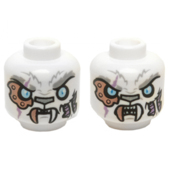 Minifigure, Head Dual Sided Alien Chima Tiger with Copper Fang and Eye Patch, Bright Light Blue Eyes, Neutral / Angry Pattern (Sir Fangar)