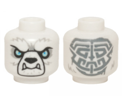 Minifigure, Head Alien Chima Bear with Black Nose, Bright Light Blue Eyes, Light Bluish Gray Fur, Lower Fangs, and Sand Blue Tribal Markings Pattern