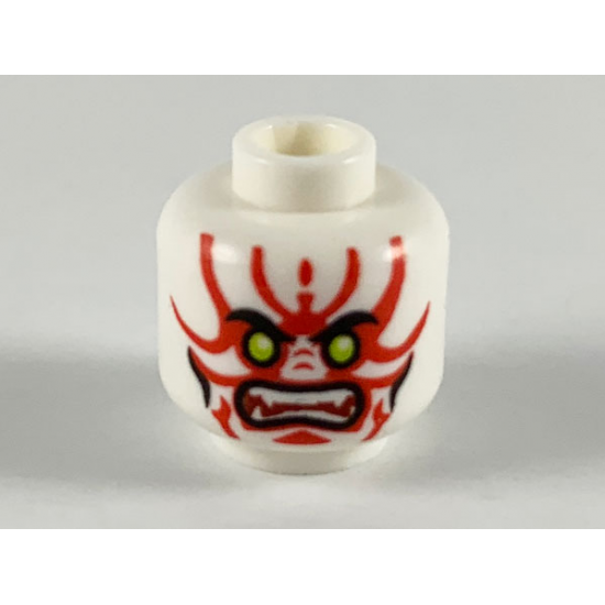 Minifigure, Head Alien with Lime Eyes, White Fangs, Red Simpler Face Decorations and Black Mouth and Cheek Lines Pattern
