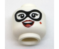 Minifigure, Head Female Black Eye Mask, Double Eyelashes, Red Diamond on Cheek, Dark Red Lips, Open Mouth Smile with Top Teeth and Tongue Pattern