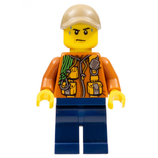 City Jungle Explorer - Dark Orange Jacket with Pouches, Dark Blue Legs, Dark Tan Cap with Hole, Sweat Drops