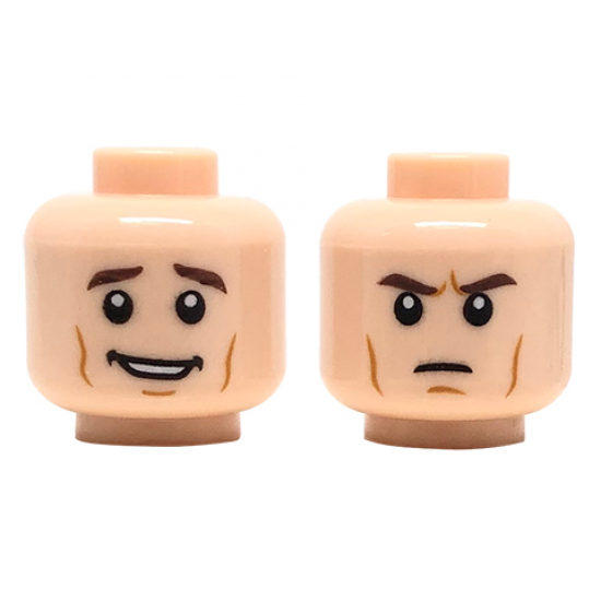 Minifigure, Head Dual Sided Dark Brown Eyebrows, Cheek Lines, Open Smile/Frown Pattern