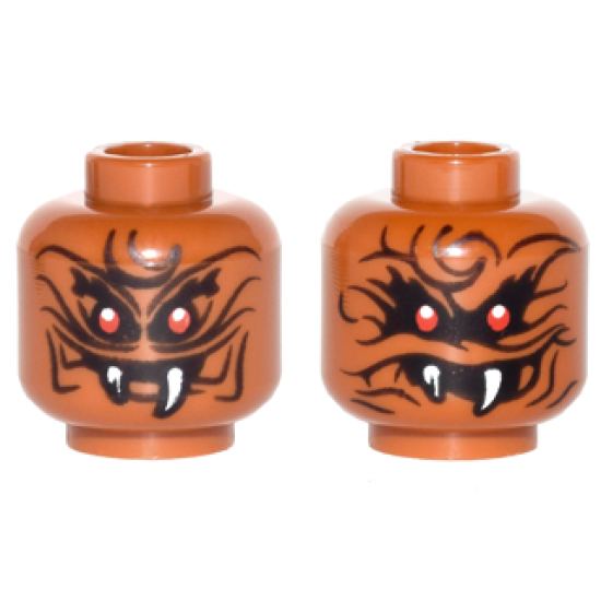 Minifigure, Head Dual Sided Alien Snake with Black Wavy Lines, 2 Red Eyes and 2 White Fangs, Narrow Eyes / Wide Eyes, Open Mouth Pattern
