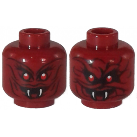 Minifigure, Head Dual Sided Red Eyes, Curved White Fangs, Smile, Slight Wavy Lines / Twisted Smile, Prominent Wavy Lines Pattern