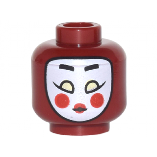 Minifigure, Head Female White Kabuki Mask with Black Eyebrows, Yellowish Green Eyes, Red Cheeks and Lips Pattern