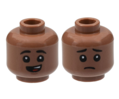 Minifigure, Head Dual Sided Child Black Eyebrows, Lopsided Open Mouth Smile with Top Teeth and Red Tongue / Sad Pattern