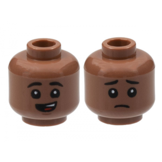 Minifigure, Head Dual Sided Child Black Eyebrows, Lopsided Open Mouth Smile with Top Teeth and Red Tongue / Sad Pattern