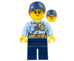 Police - City Officer Female, Bright Light Blue Shirt with Badge and Radio, Dark Blue Legs, Dark Blue Cap with Dark Orange Ponytail, Freckles