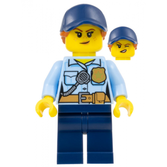 Police - City Officer Female, Bright Light Blue Shirt with Badge and Radio, Dark Blue Legs, Dark Blue Cap with Dark Orange Ponytail, Freckles