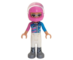 Friends Olivia, White Trousers, Dark Pink and Dark Azure Racing Jacket, Dark Pink Racing Helmet with Reddish Brown Ponytail
