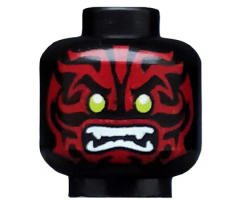 Minifigure, Head Alien with Lime Eyes, White Fangs and Dark Red Face Decorations Pattern