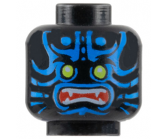 Minifigure, Head Alien with Lime Eyes, Blue Markings, Angry Open Red Mouth with Sharp Teeth Parted Pattern