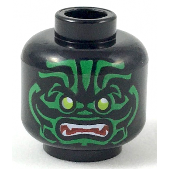 Minifigure, Head Alien with Lime Eyes, White Fangs, Green Face Decorations and Dark Red Mouth Pattern