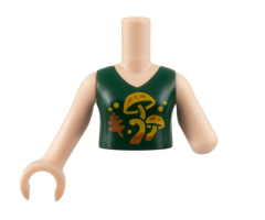 Torso Mini Doll Girl Dark Green Top, Bright Light Orange Mushrooms, Dark Orange Leaf Pattern, Light Nougat Arm Left, Light Nougat Arm with Hand Right